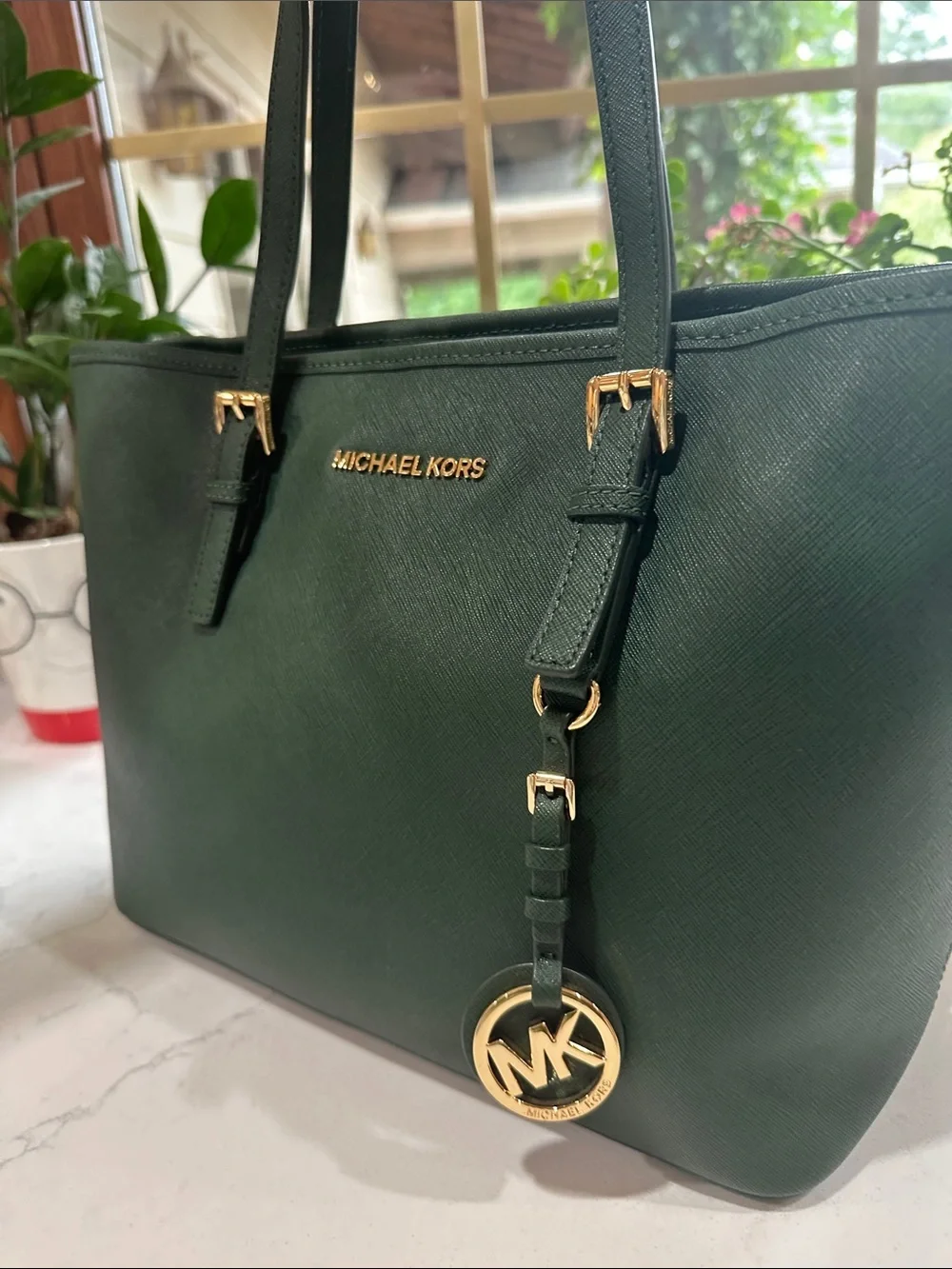 Michael Kors medium hunter green leather shoulder tote bag